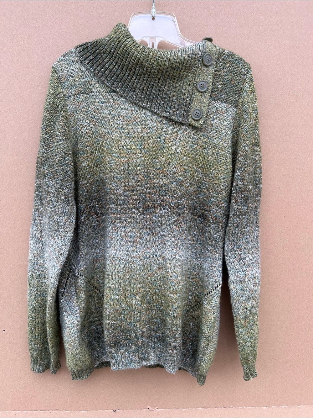 Dressbarn Marled knit sweater asymmetrical button cowl collar Petite Medium